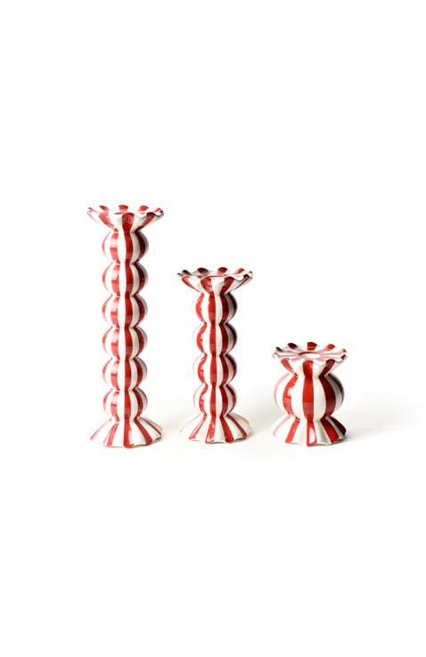 Red Stripe Knobbed Candle Holder with Ruffle 3 Piece Set