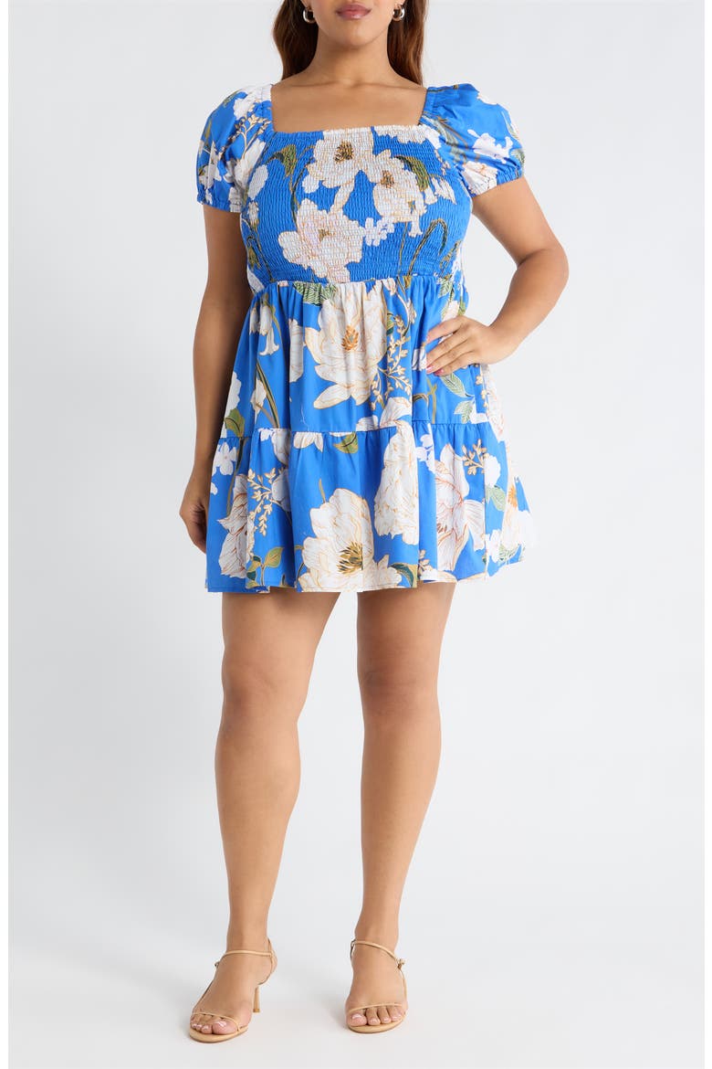 Roswell Floral Smocked Minidress, Main, color, BLUE-CREAM