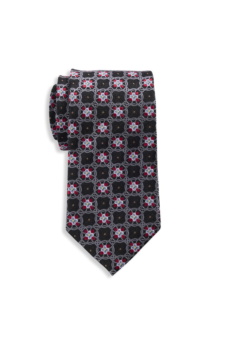 Oak Hill Premium by DXL Big & Tall Floral Medallion Silk Tie, Main, color, Black