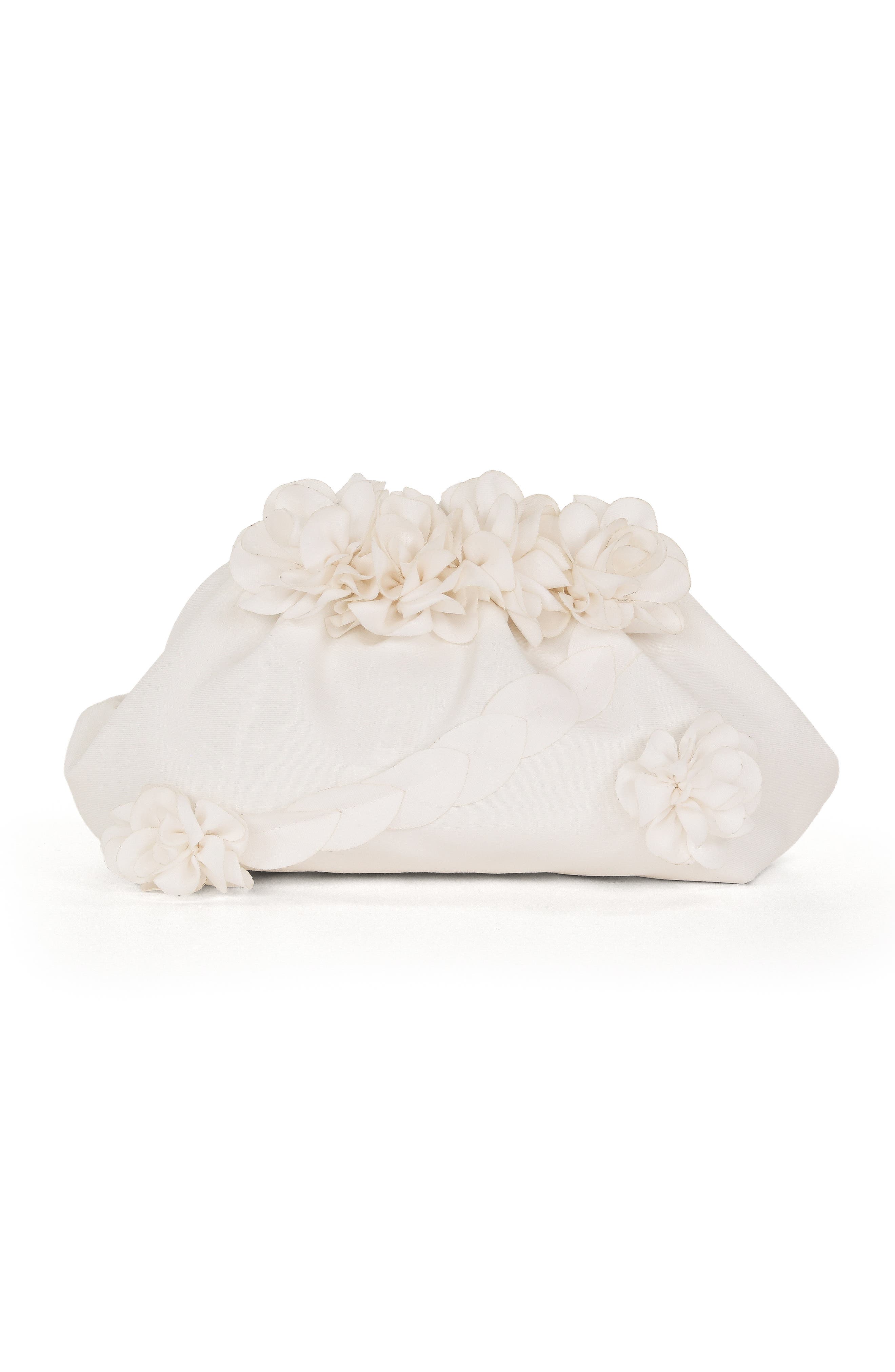 Jewel Badgley Mischka Violet Jacquard Satin Floral Applique Pouch Clutch, Main, color, Soft White