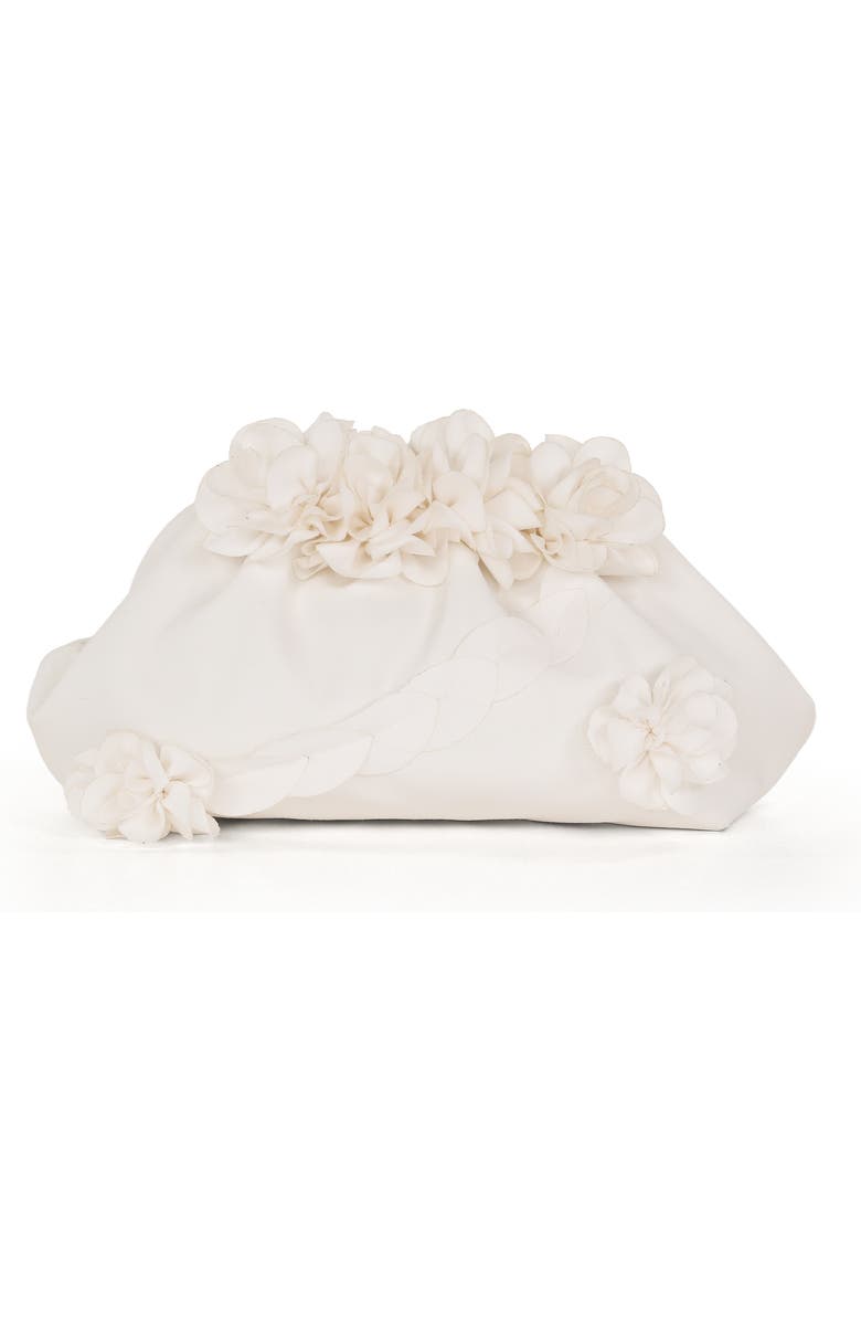 Jewel Badgley Mischka Violet Jacquard Satin Floral Applique Pouch Clutch, Main, color, Soft White