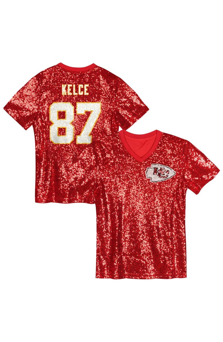 Outerstuff Girls Youth Travis Kelce Red Kansas City Chiefs Sequin V-Neck Fashion Jersey, Alternate, color, Red