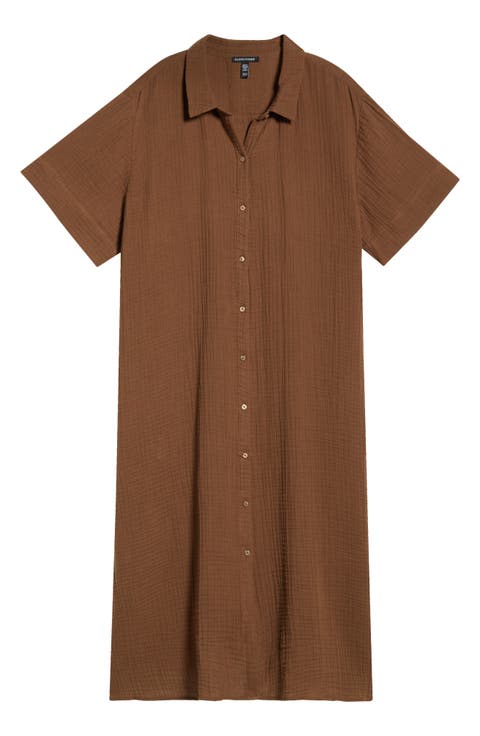 Classic Collar Organic Cotton Midi Shirtdress (Plus)