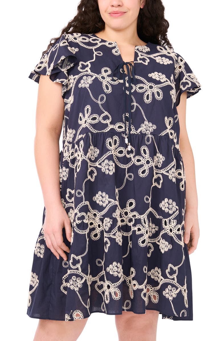 CeCe Embroidered Flutter Sleeve Dress, Alternate, color, Night Shade