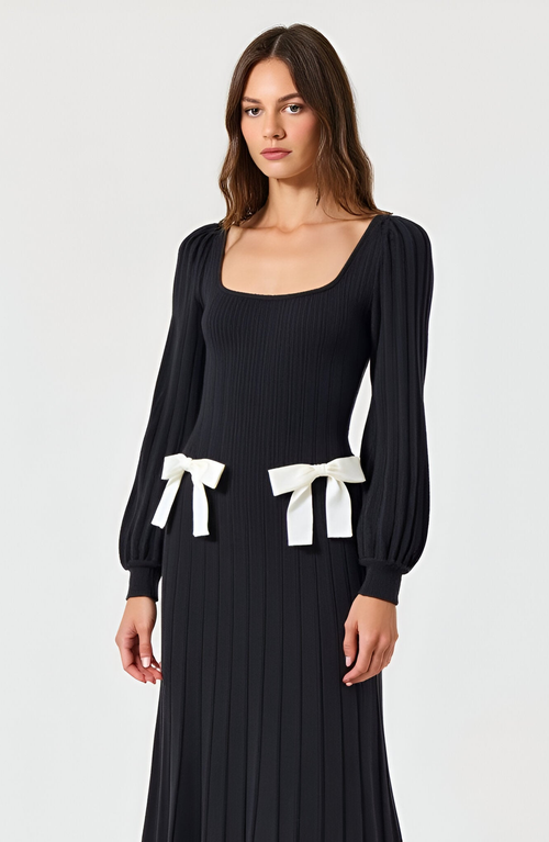 Modenaire Front Bow Detail Square Neck Puff Sleeve Maxi Sweater Dress In Black