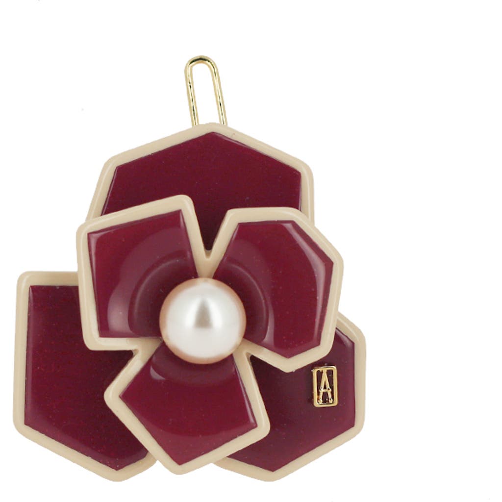 Alexandre De Paris Art Deco Camelia Flower Hair Acetate Side Barette In Burgundy