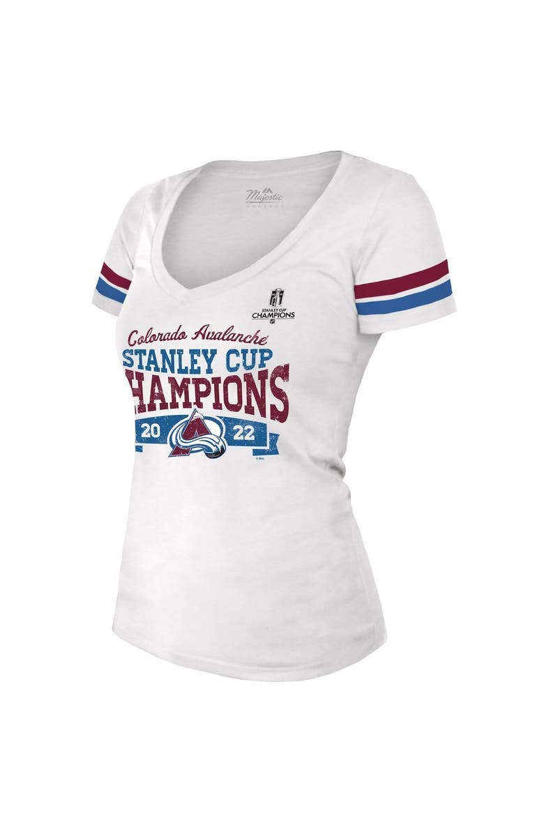 Majestic Threads Women's Majestic Threads White Colorado Avalanche 2022 Stanley Cup Champions Striped V-Neck T-Shirt, Alternate, color, 