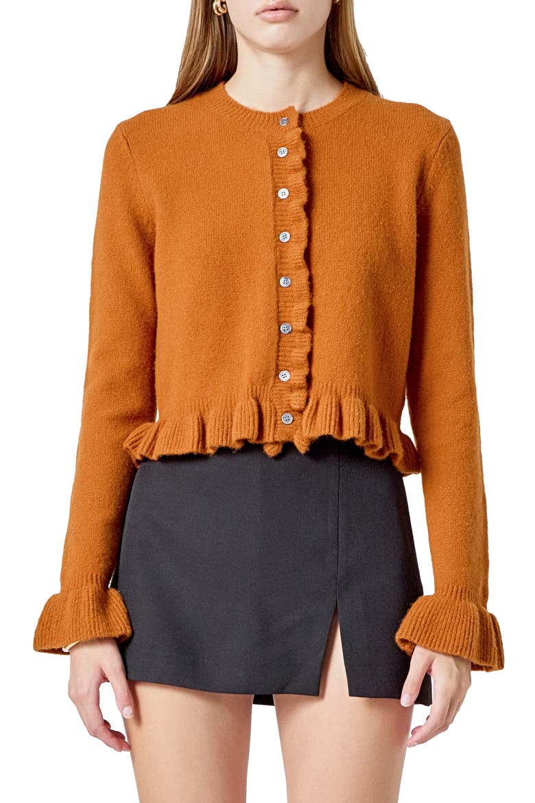Ruffle Crop Cardigan, Main, color, BURNT ORANGE