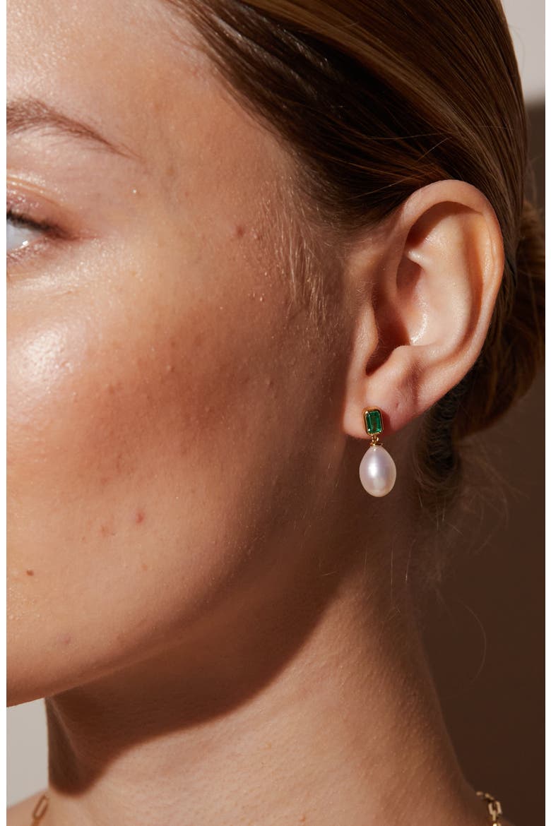 Lab Grown Emerald Heirloom Pearl Drop Earrings, Alternate, color, Yellow Vermeil