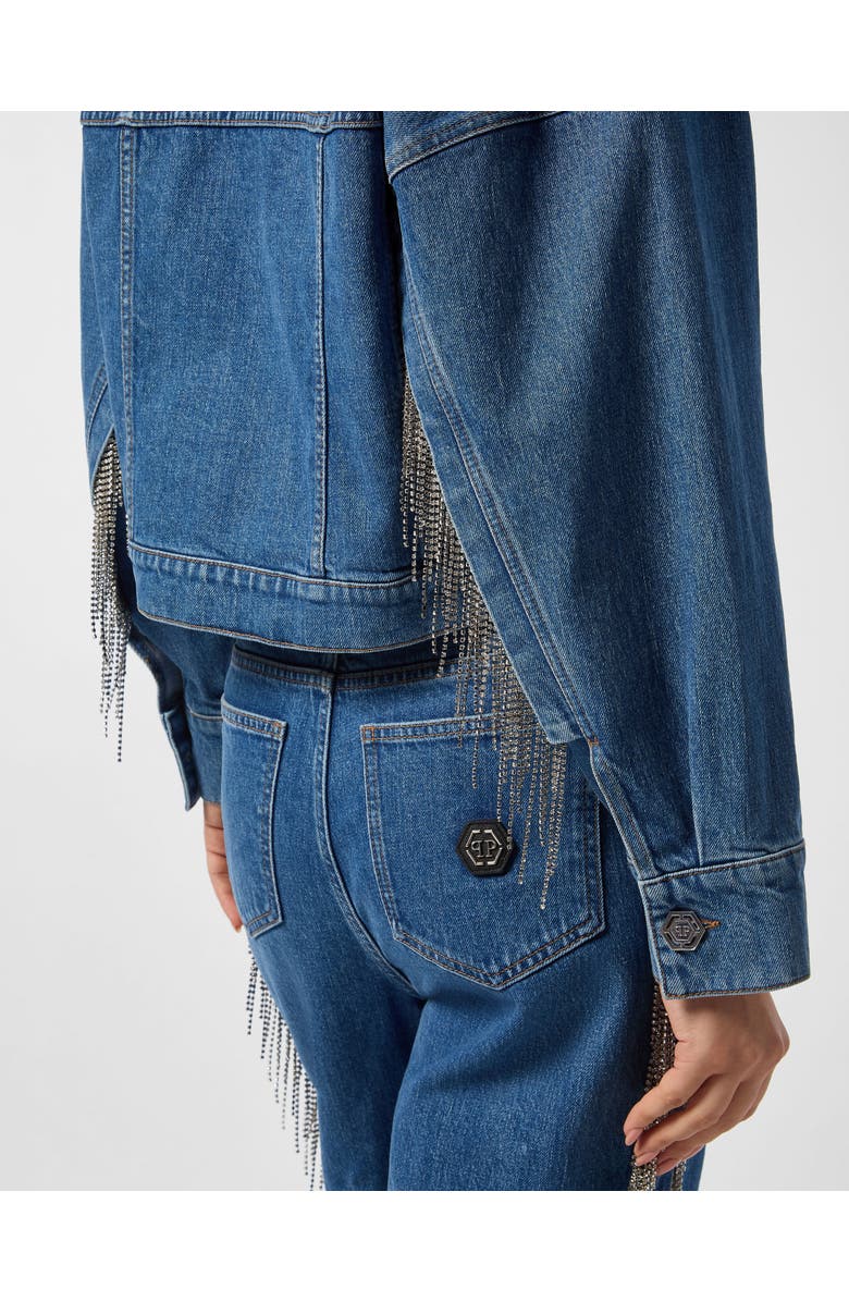 PHILIPP PLEIN Denim Cropped Jacket Crystal Fringes Women, Alternate, color, Monte Carlo