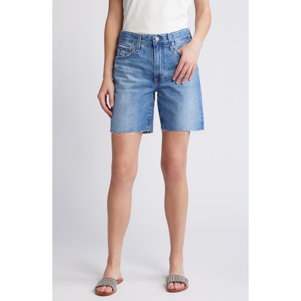 Ag Ex-boyfriend Distressed Raw Hem Mid Length Denim Shorts