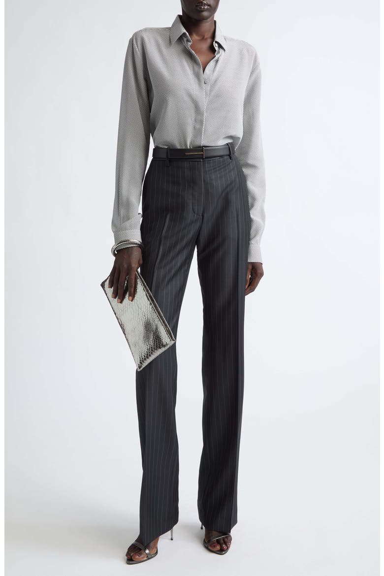 Geo Print Silk Crepe Button-Up Shirt, Alternate, color, OFF WHITE/ BLACK