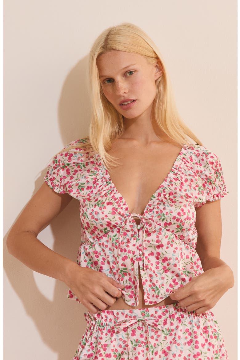 Feuilline Print Short Sleeve Pajama Top, Alternate, color, IMP FOND ROSE