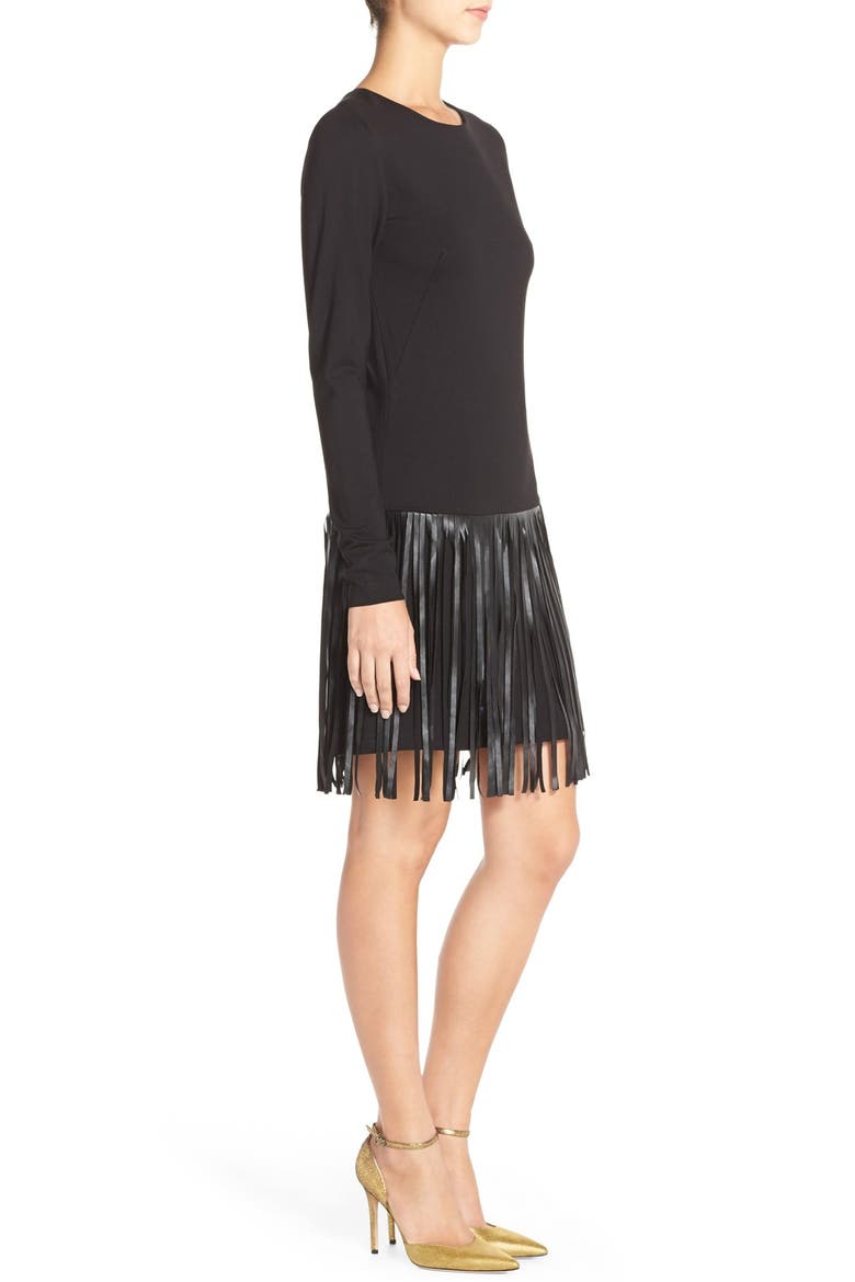 'Colt' Faux Leather Fringe Ponte Drop-Waist Dress, Alternate, color, BLACK