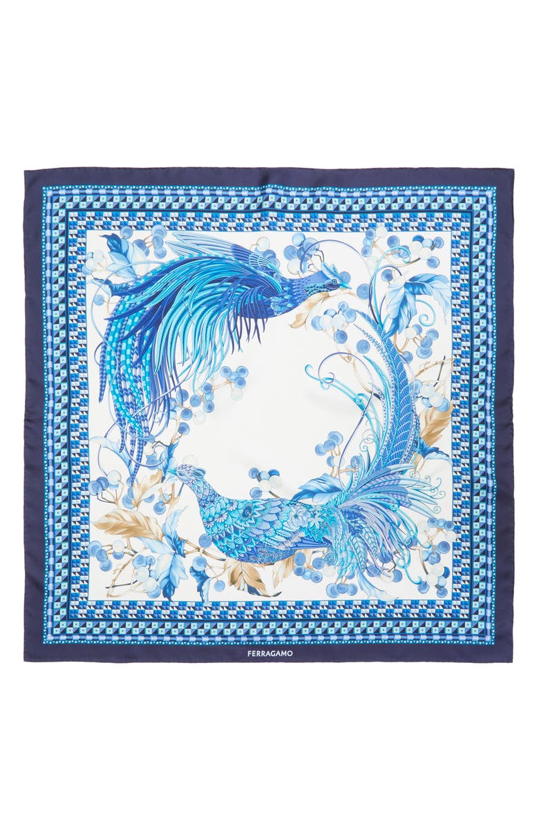 FERRAGAMO Animals Print Silk Square Scarf, Main, color, Avorio/Navy/Turchesi