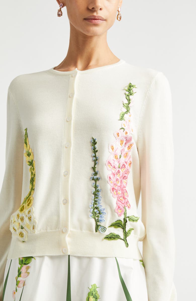 Oscar de la Renta Foxglove Embroidered Virgin Wool Cardigan, Alternate, color, Ivory