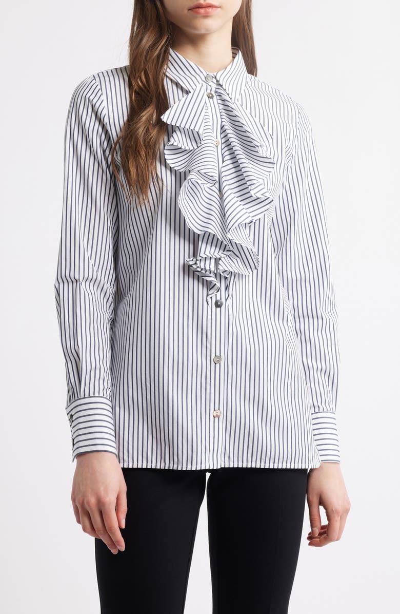 Ming Wang x Tanya Foster Pinstripe Ruffle Neck Woven Cotton Shirt, Main, color, 