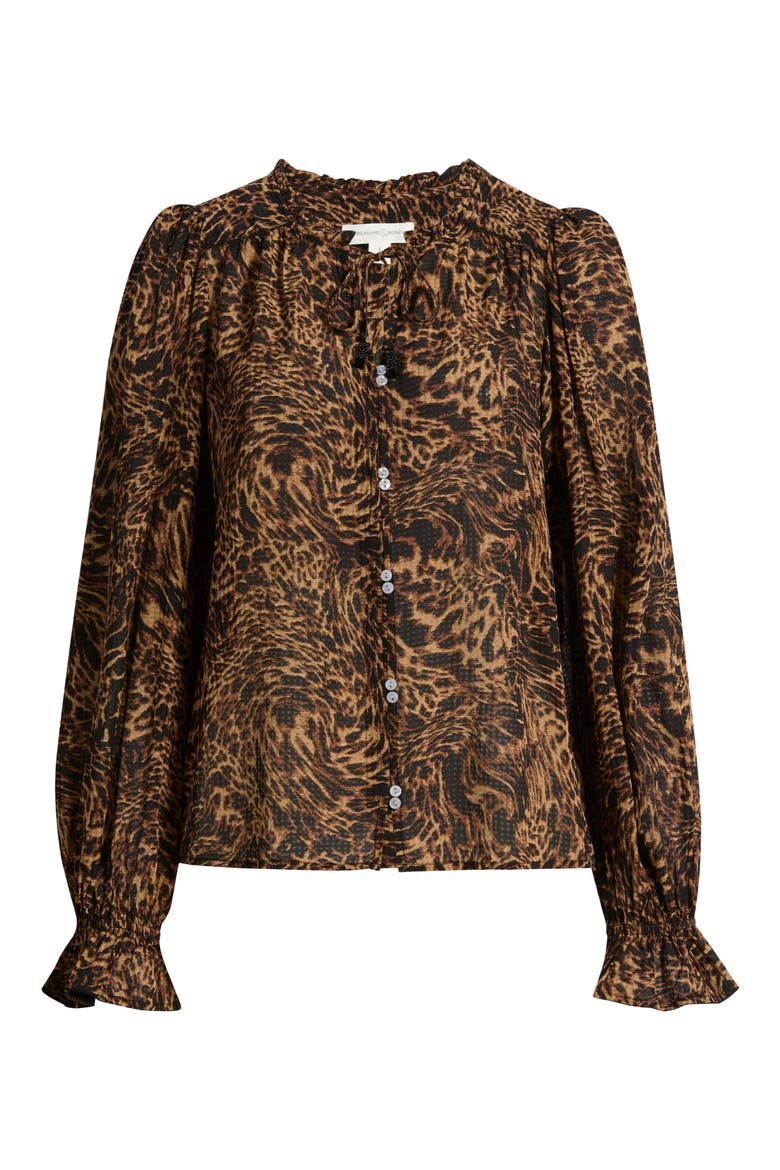 Floral Ruffled Button Front Shirt, Alternate, color, TAN- BLACK LEOPARD ABSTRACT