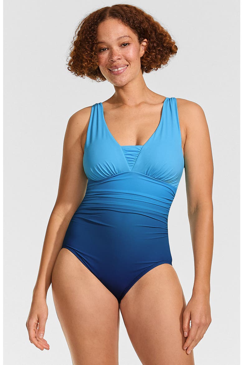 SlenderSuit Grecian Low Leg One Piece Swimsuit, Main, color, Teal Ombre