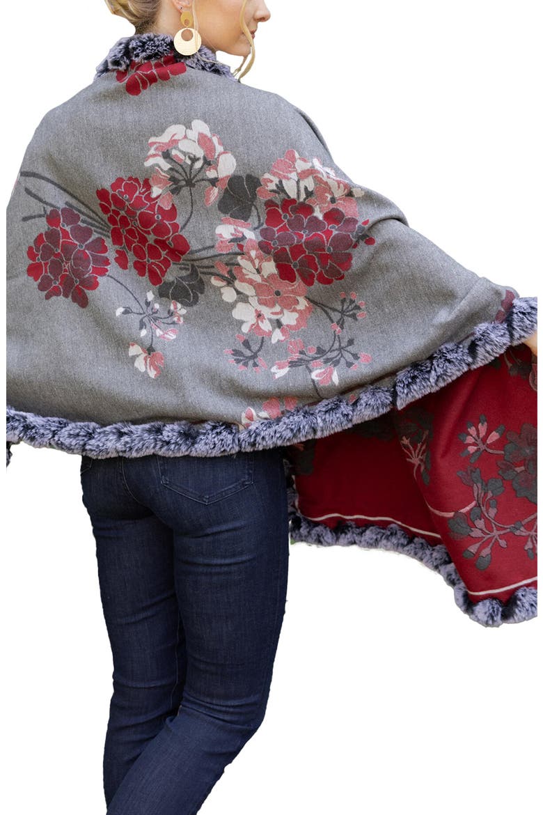 Floral Reversible Scarf with Faux Fur Trim, Alternate, color, MAROON