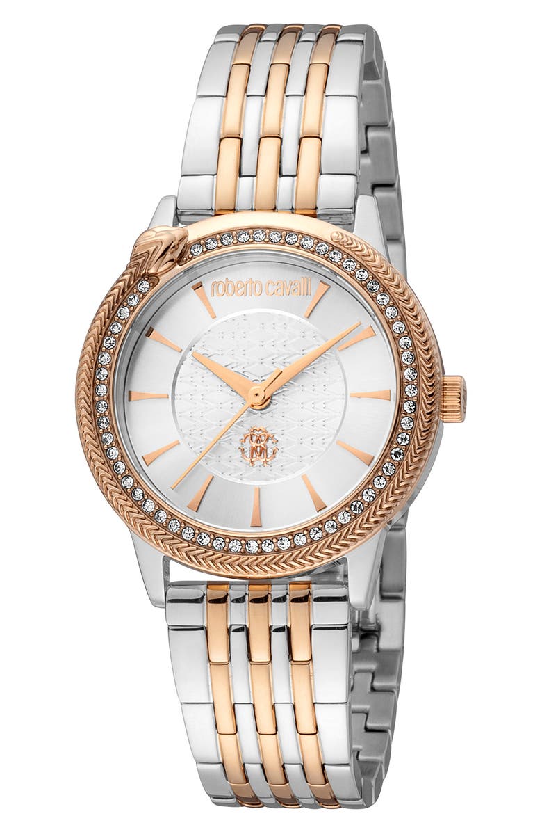 Roberto Cavalli Mother-of-Pearl Dial Bracelet Watch, 32mm, Main, color, Two Tone Silver & Rose Gold