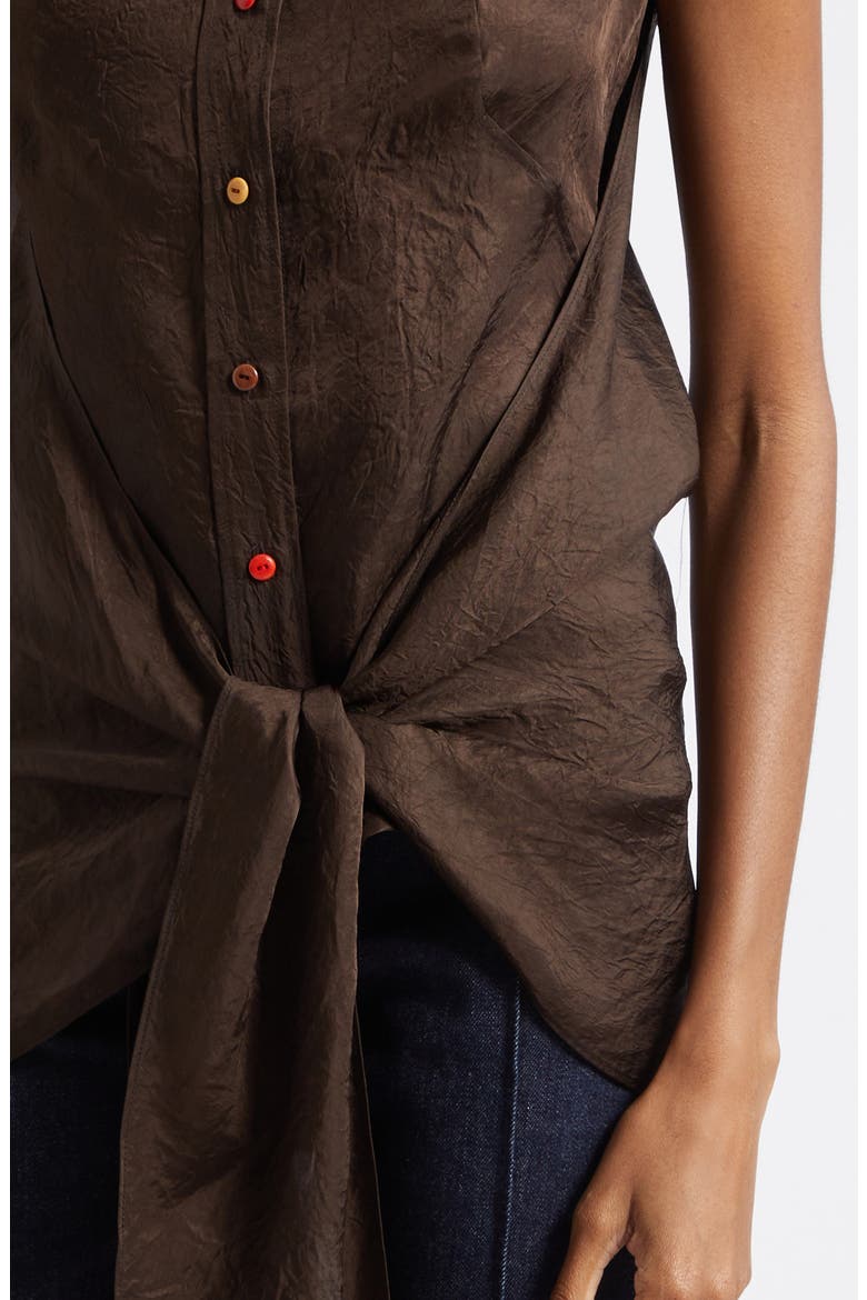 Ranger Sleeveless Tie Front Crinkle Satin Button-Up Shirt, Alternate, color, CEDAR
