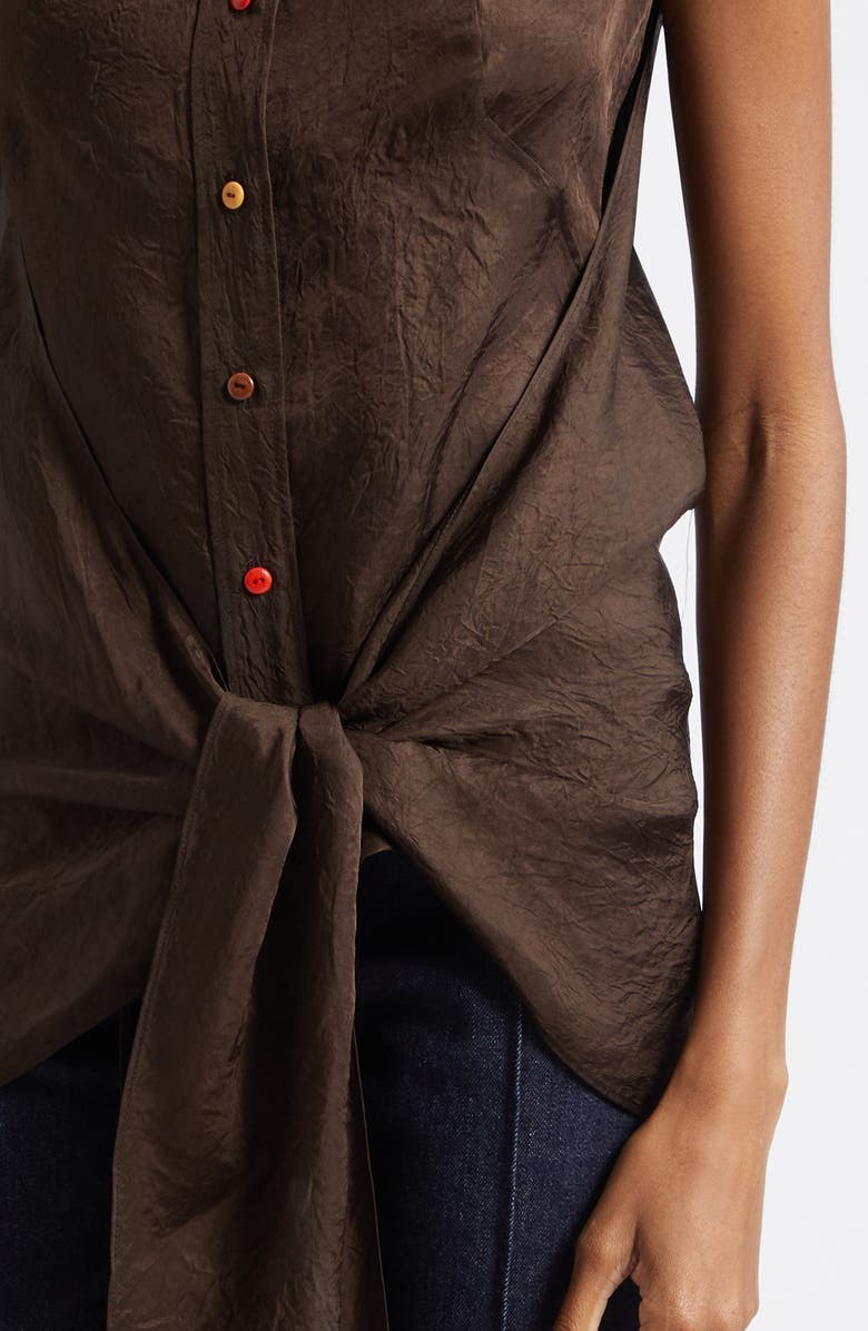 OSSOU Ranger Sleeveless Tie Front Crinkle Satin Button-Up Shirt, Alternate, color, Cedar