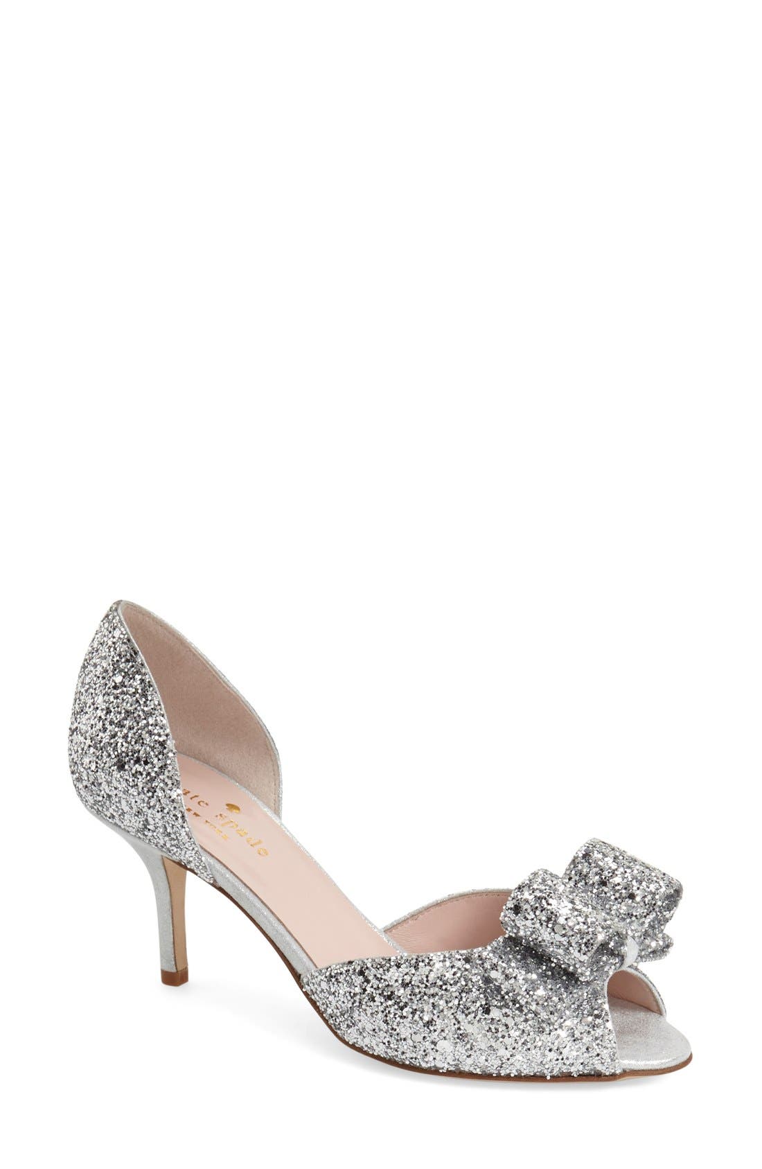 'sela' glitter bow peep toe pump, Main, color, SILVER GLITTER/ SILVER SUEDE