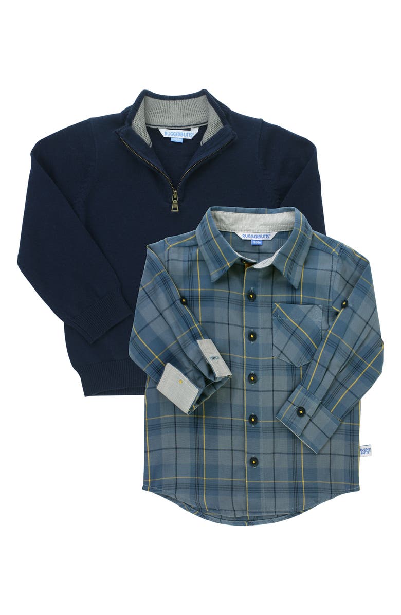 RuggedButts Quarter Zip Sweater & Plaid Shirt Set, Main, color,