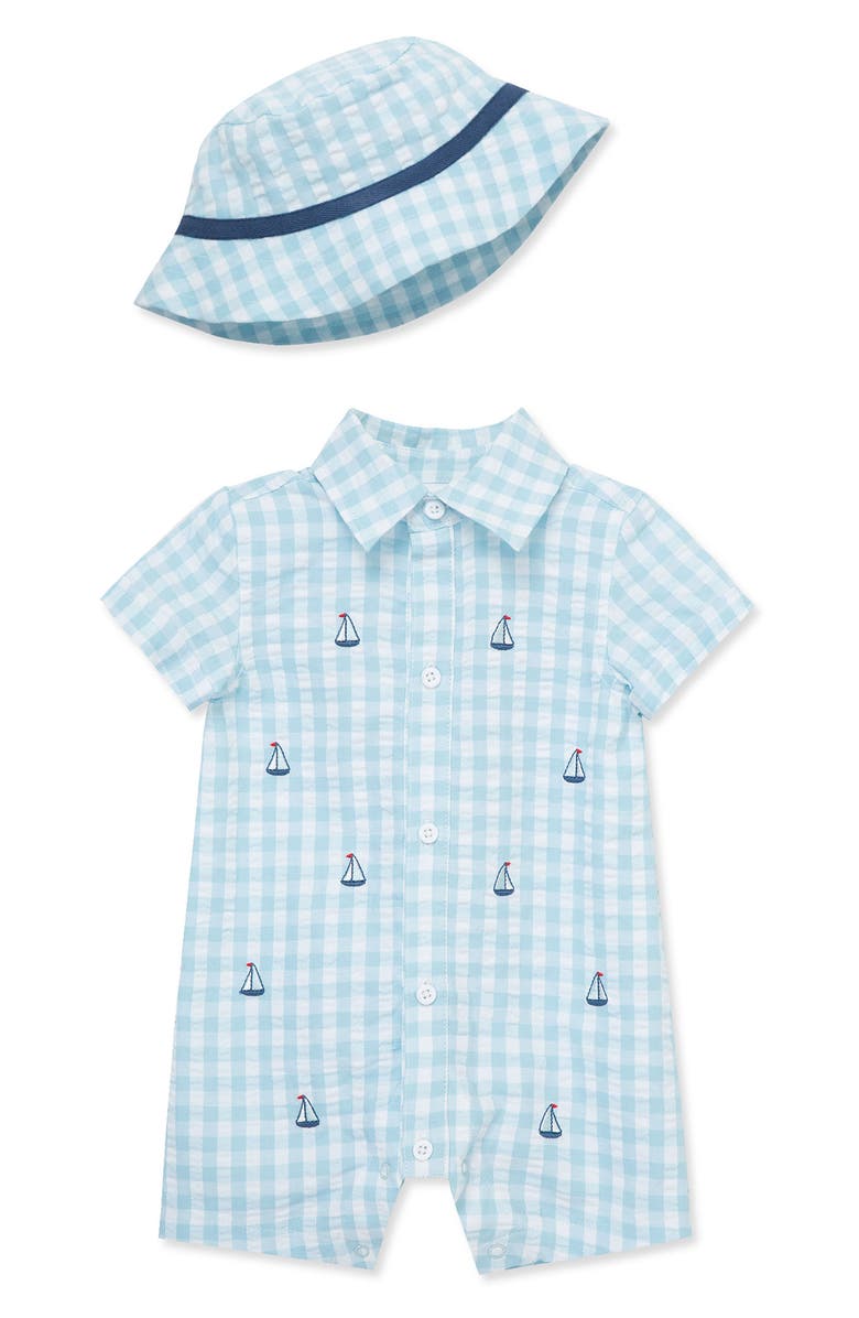 Little Me Sailor Gingham Romper & Bucket Hat Set, Main, color,