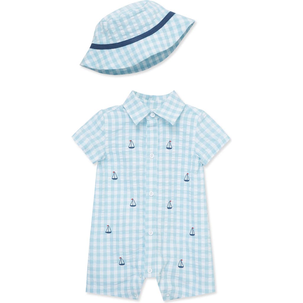 LITTLE ME LITTLE ME SAILOR GINGHAM ROMPER & BUCKET HAT SET