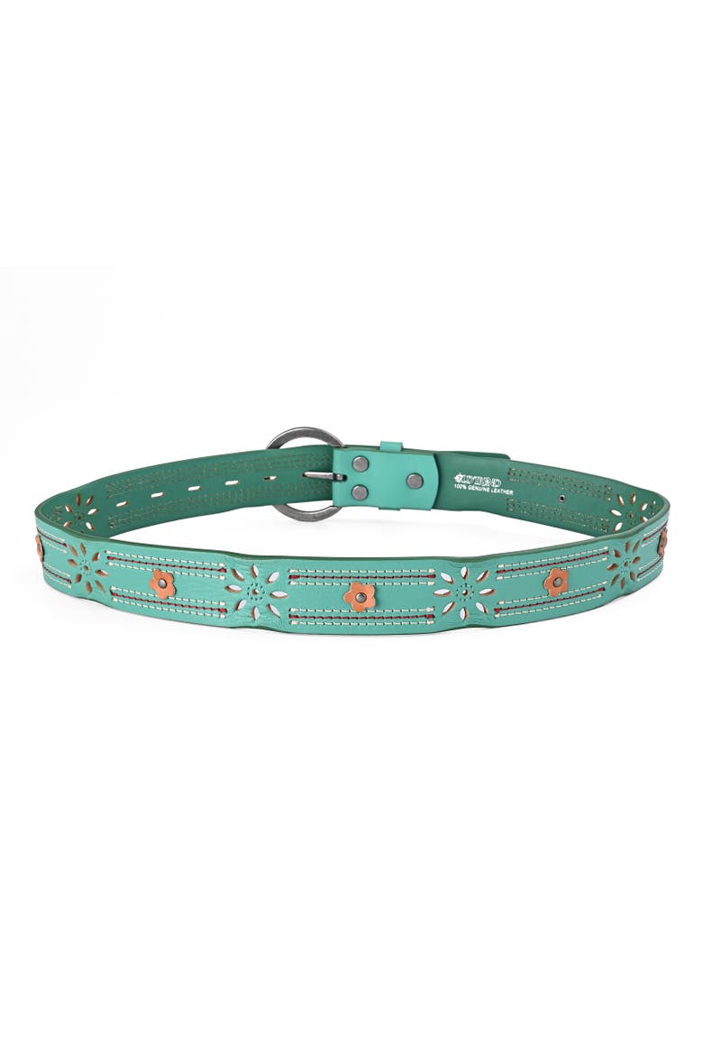 Blossom Genuine Leather Stitched Perforated Detail Belt, Alternate, color, Aqua