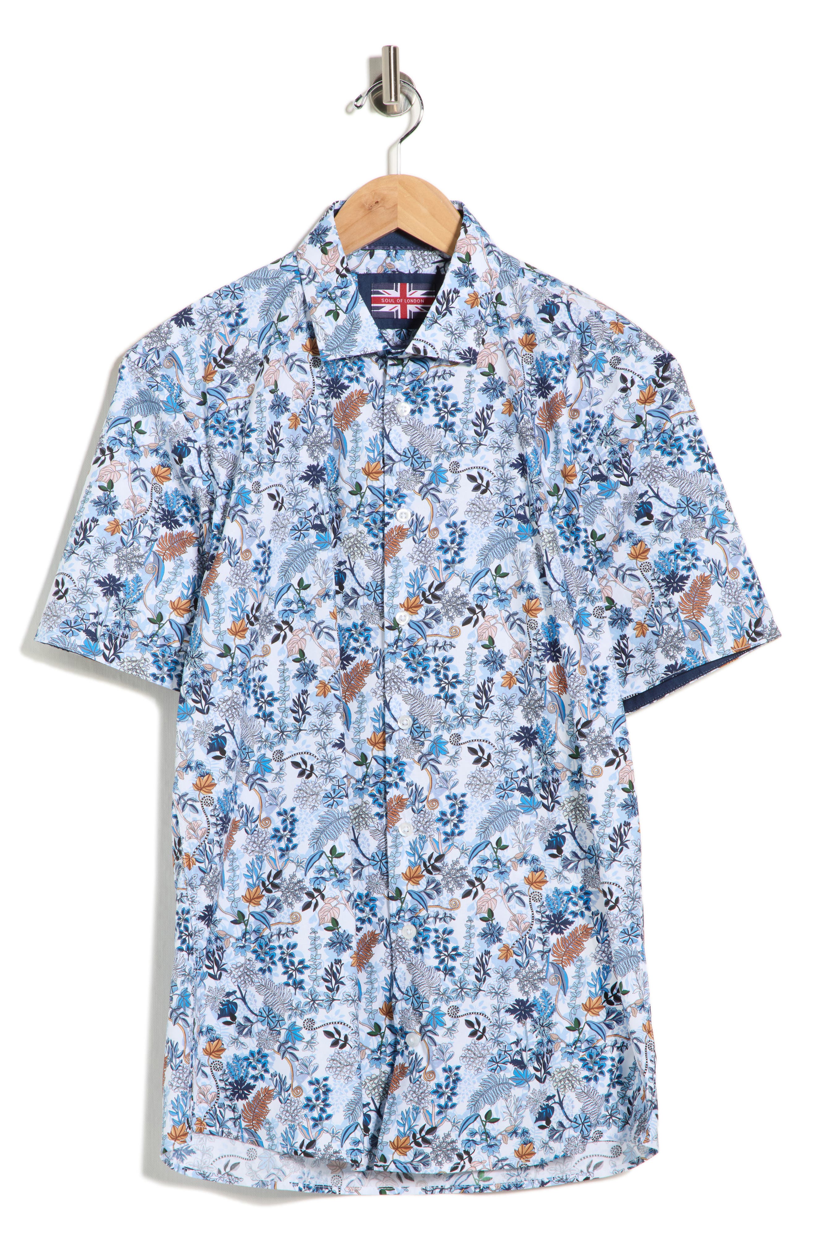 SOUL OF LONDON Botanical Print Stretch Cotton Short Sleeve Sport Shirt