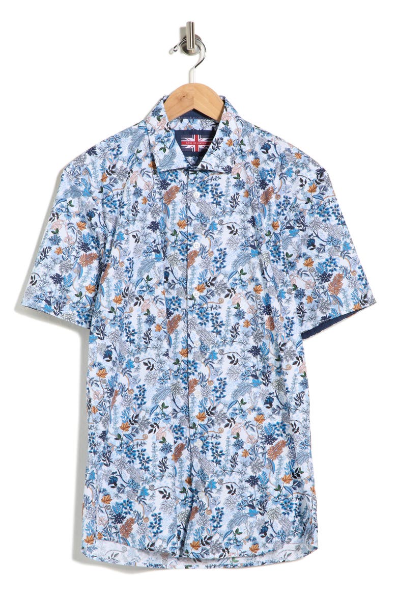 Botanical Print Stretch Cotton Short Sleeve Sport Shirt, Alternate, color, BLUE