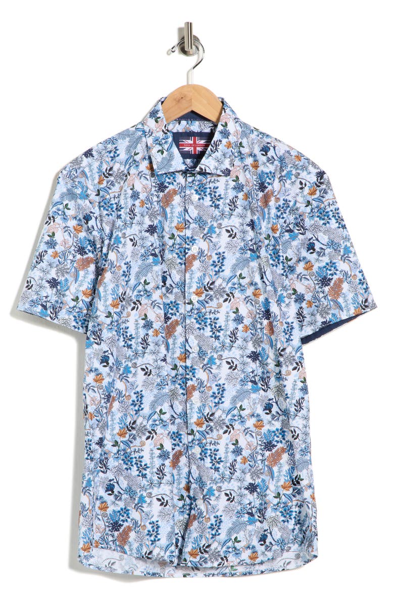 SOUL OF LONDON Botanical Print Stretch Cotton Short Sleeve Sport Shirt, Main, color, Blue