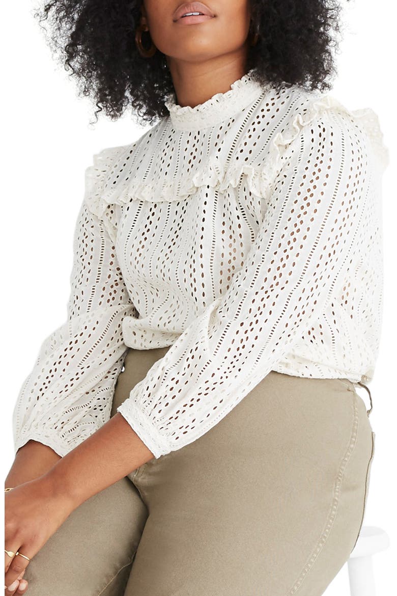 Eyelet Ruffle Mock Neck Top, Alternate, color, CLOUD LINING
