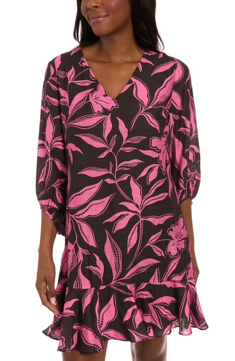 London Times Balloon Sleeve Flounce Hem Shift Dress, Alternate, color, Black/ Pink