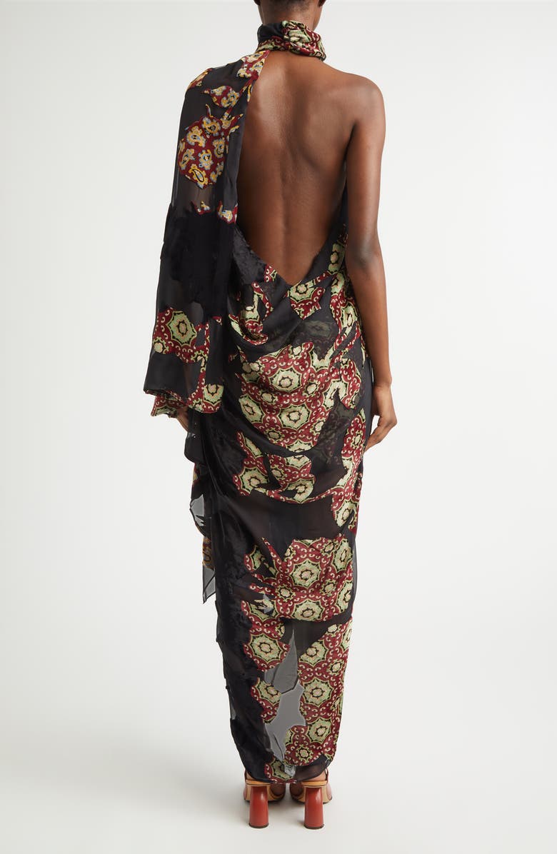 Dries Van Noten Dingo Draped Asymmetric Velvet & Silk Devoré Midi Dress, Alternate, color, Black