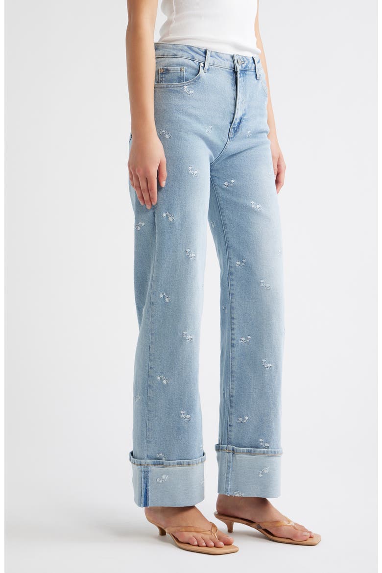 Flower Embroidered Cuffed Straight Leg Jeans, Alternate, color, LIGHT INDIGO