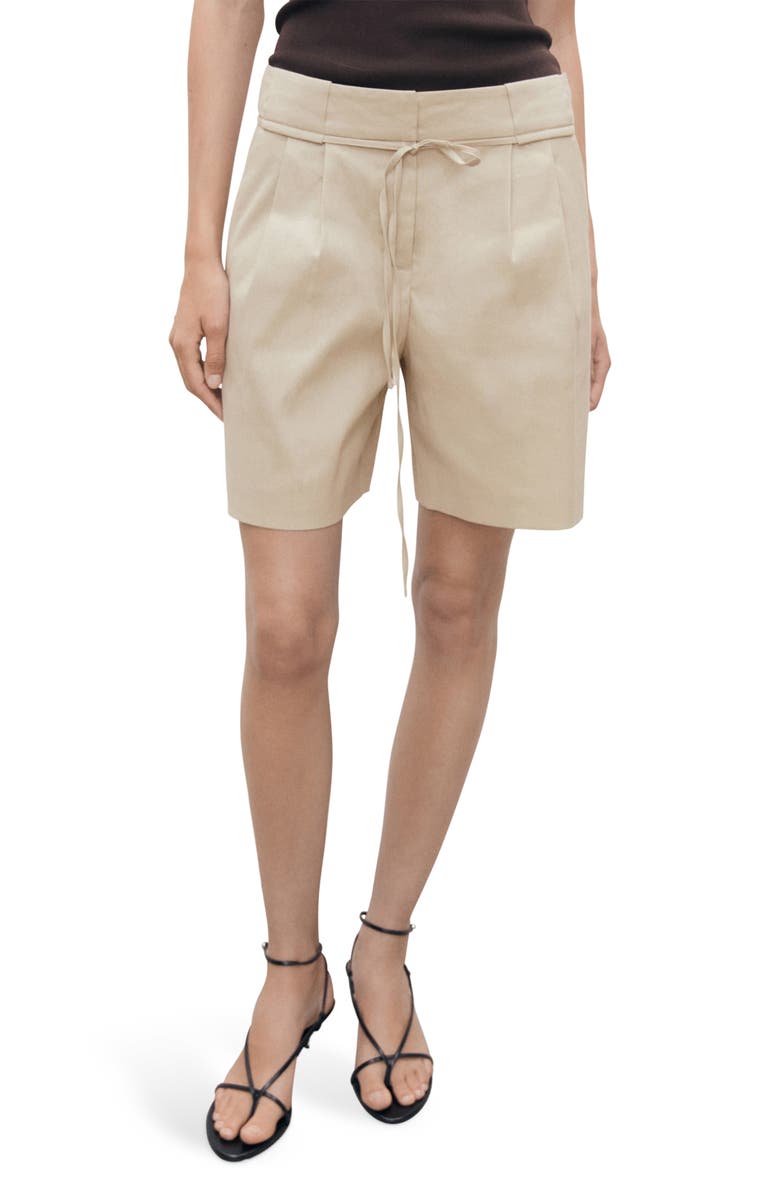 MANGO Belted Linen Blend Shorts, Main, color, Beige