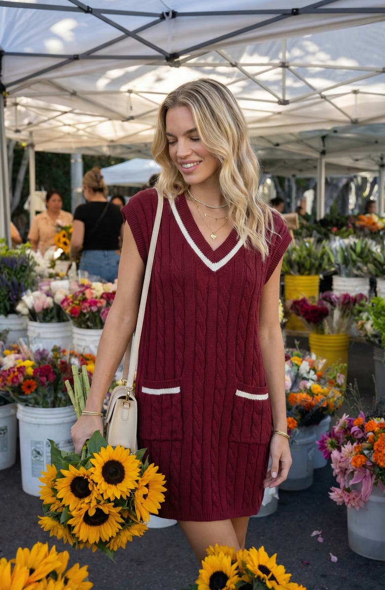 Modenaire Cable-Knit Mini Sweater Dress with Pockets, Alternate, color, Burgundy