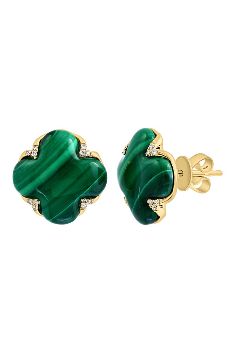 14K Yellow Gold Malachite & Diamond Clover Stud Earrings - 0.06ct., Alternate, color, GREEN