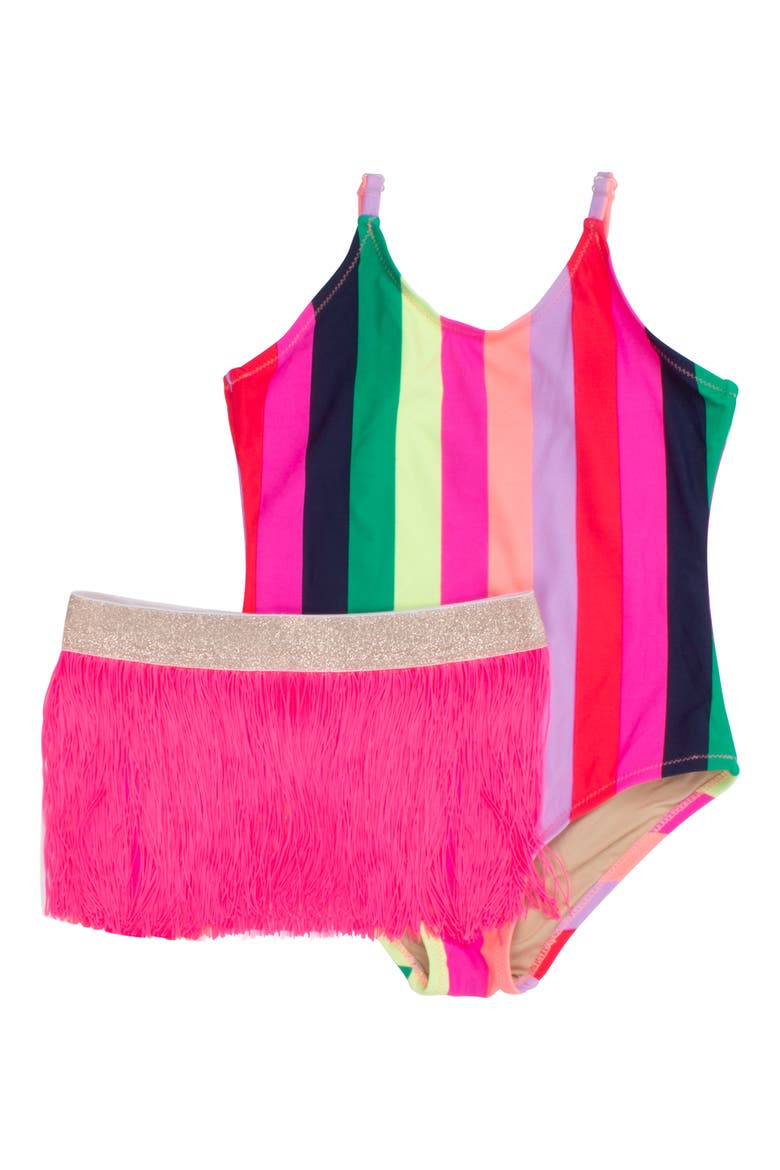 Stripe One-Piece Swimsuit with Fringe Skirt, Main, color, MULTI