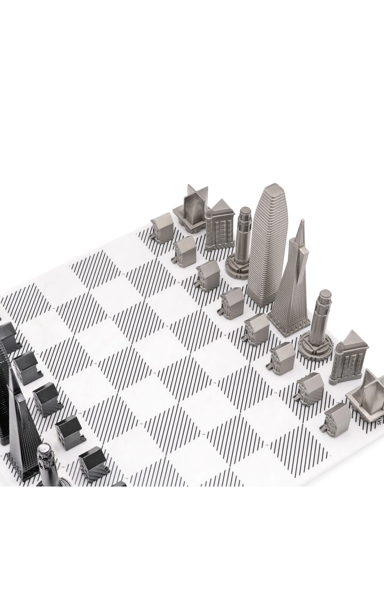 SKYLINE CHESS Chess Set Stainless Steel San Francisco Edition with Marble Hatch Board, Alternate, color, White