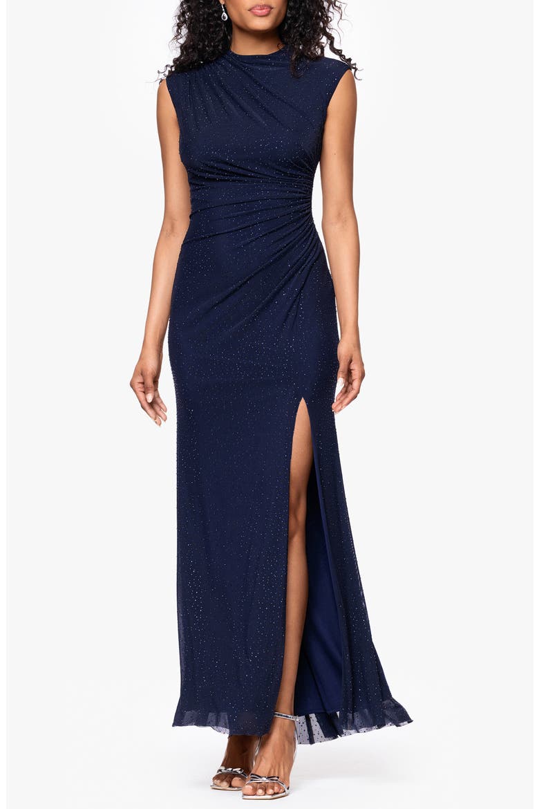 Crystal Stud Detail Powermesh Sheath Gown, Main, color, NAVY/ NAVY
