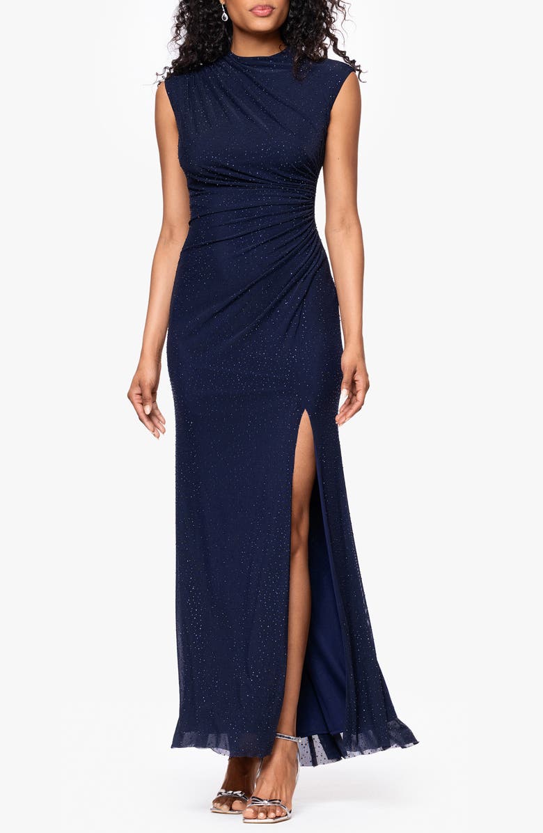 Betsy & Adam Crystal Stud Detail Powermesh Sheath Gown, Main, color, Navy/ Navy