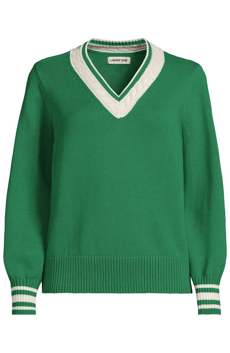 Lands' End Drifter Set in Sleeve Vneck Sweater, Alternate, color, Vibrant Clover/Ivory Tipping