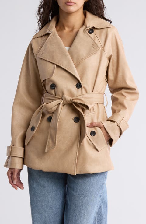 Faux Leather Mid Length Trench Coat