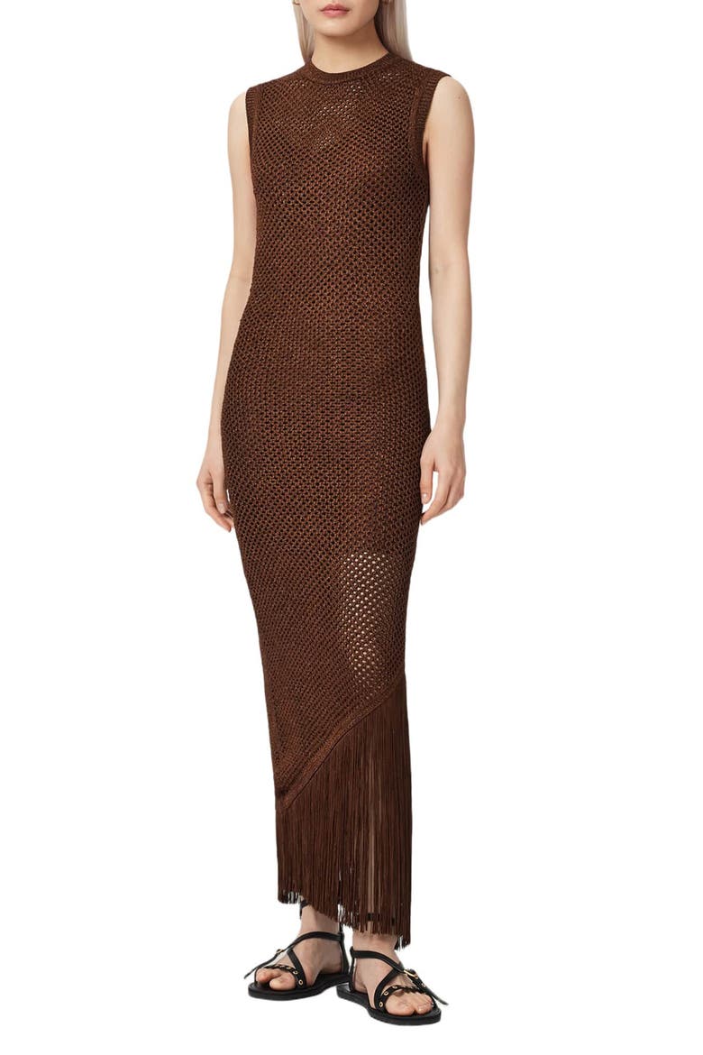 Jessie Sleeveless Fringe Trim Dress, Main, color, BURNT BROWN