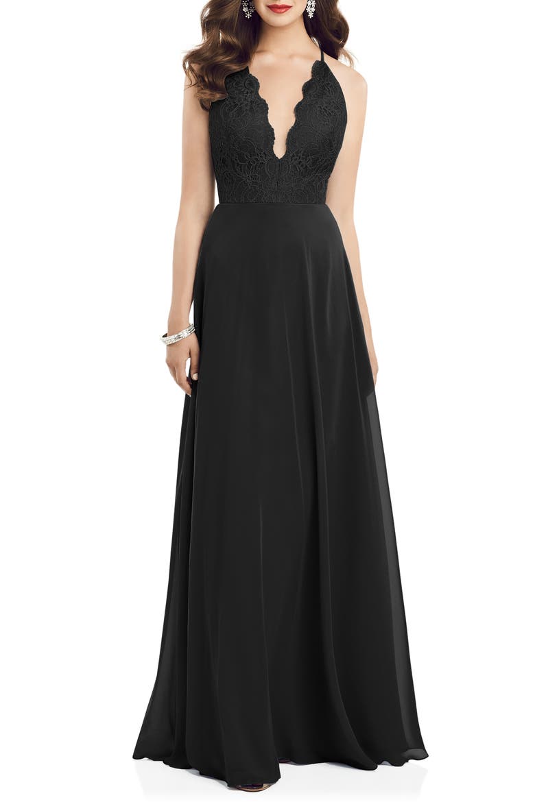 Plunge Neck Lace & Chiffon Gown, Main, color, BLACK
